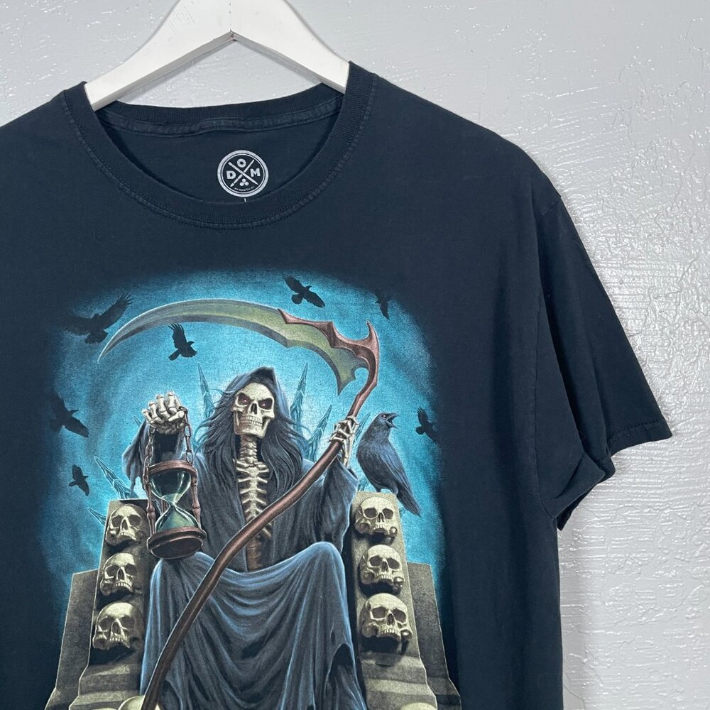 ODM Men L Black Grim Reaper Skull Throne Graphic T-Shirt Cotton Grunge Goth - Picture 3 of 6